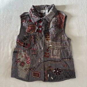 Vintage 90's Chicos Size XL Sashiko Patchwork Embroidered Boho Vest